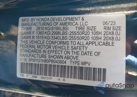 2023 Honda Pilot Awd Elite из США, поврежденный, VIN 5FNYG1H80PB043604